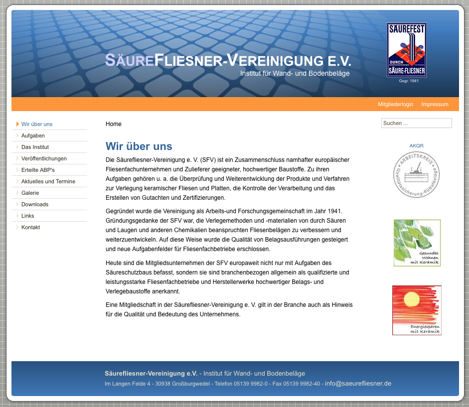 Screenshot SäureFliesner Vereinigungen eV - Institute und Verbände